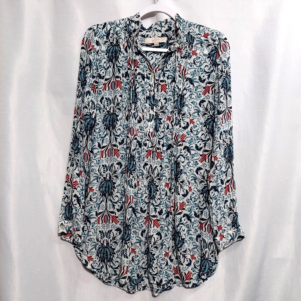 Loft Womens Medium Tunic Blouse Pin Tucks Long Cuff Sleeves 4 Buttons String Tie